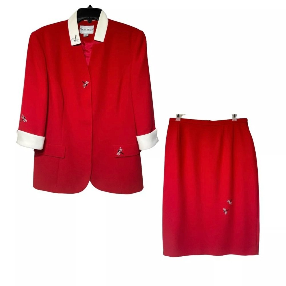 Vintage John Meyer of Norwich Red Jacket with Skirt Jeweled Dragonflies Women 12